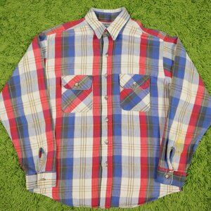 Vintage Five Brother Plaid Heavy Cotton Flannel Shirt White Red Blue Color